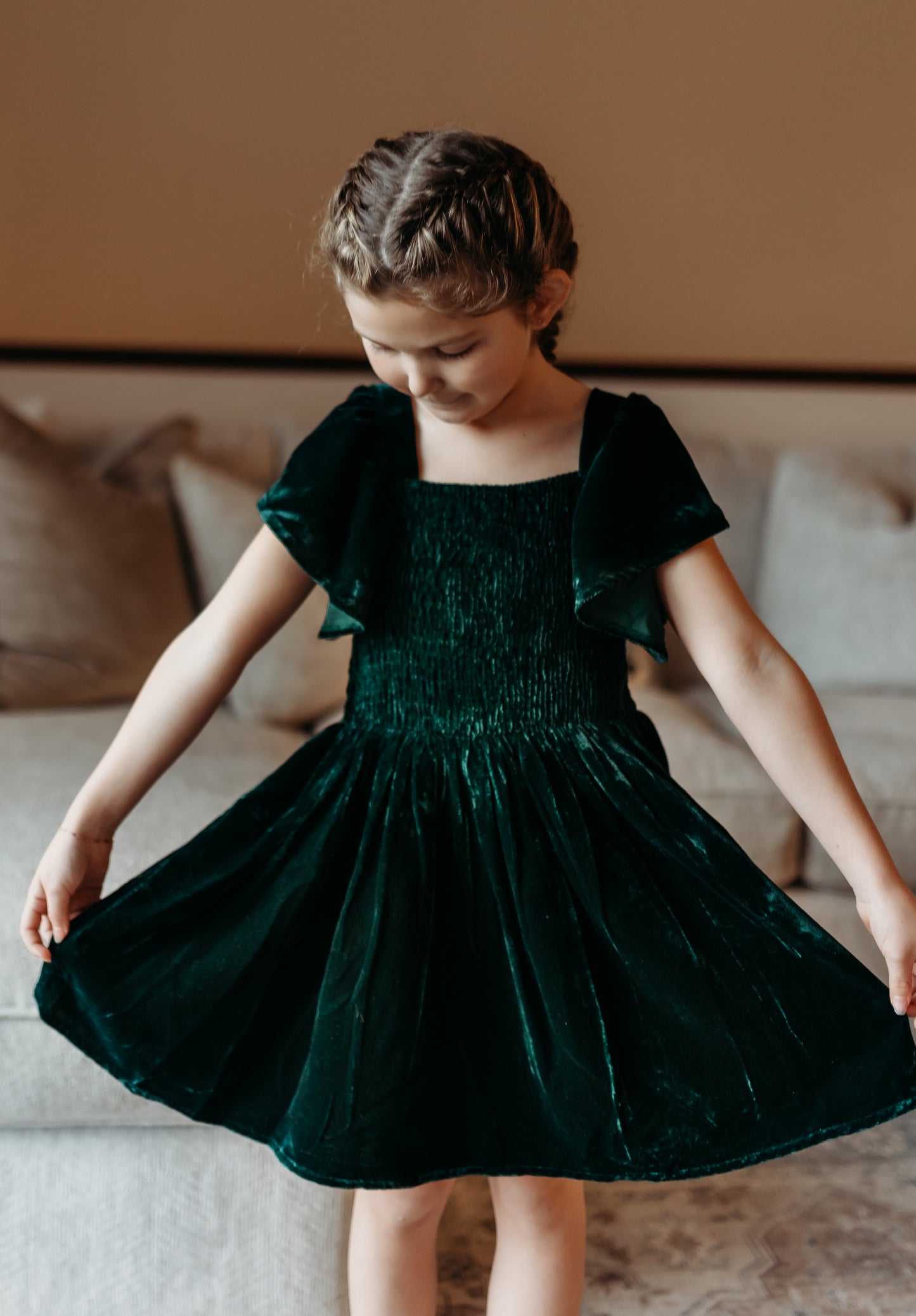 Girl's Green Velvet Smocked Dress