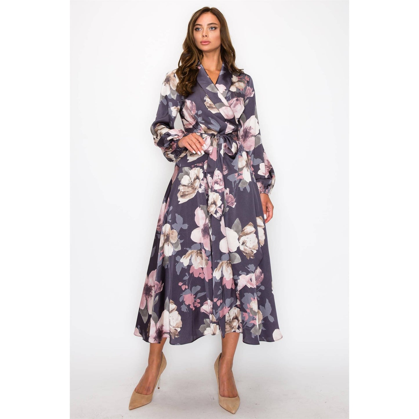 SATIN FLORAL WRAP MAXI DRESS