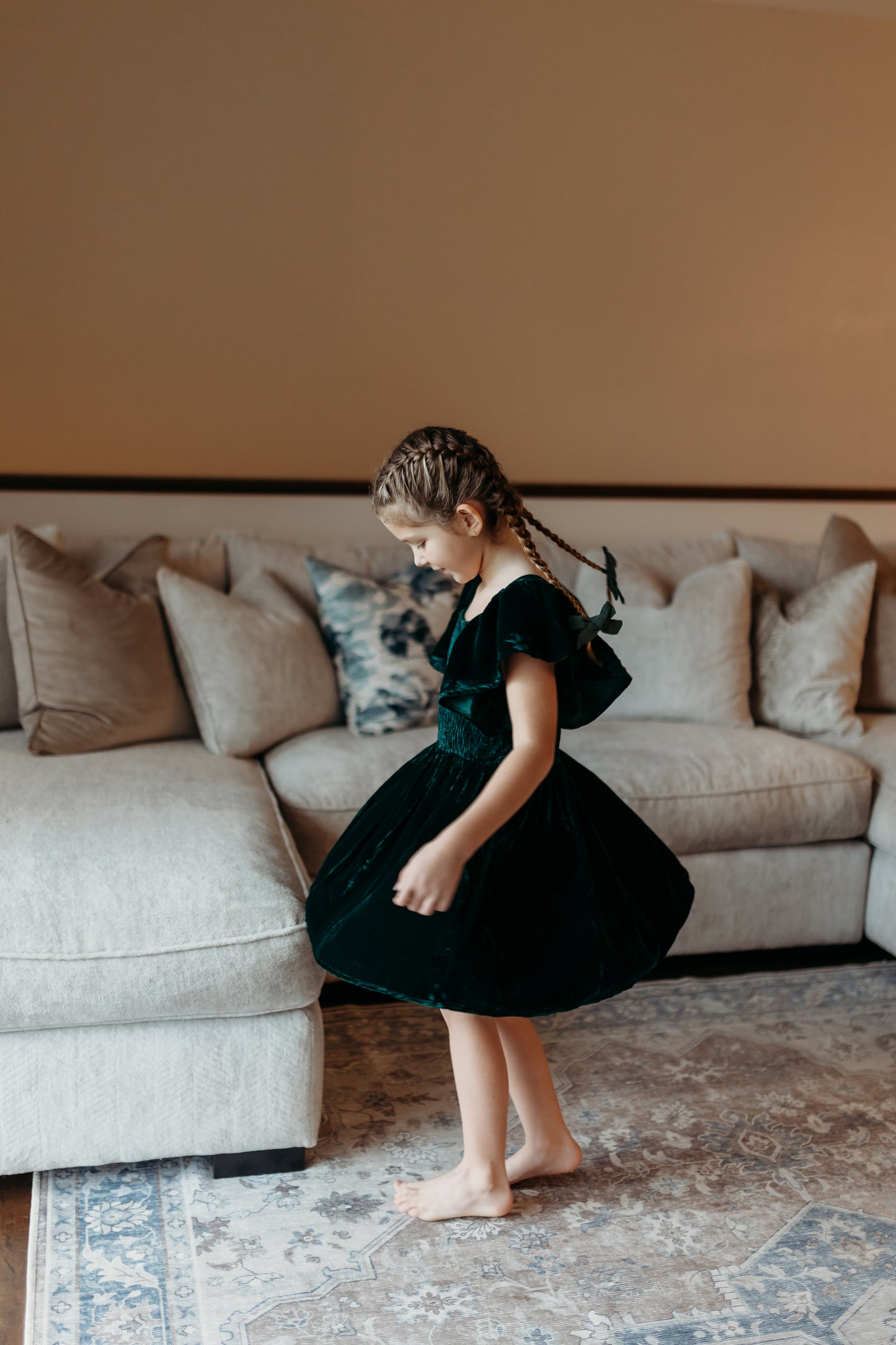 Girl's Green Velvet Smocked Dress
