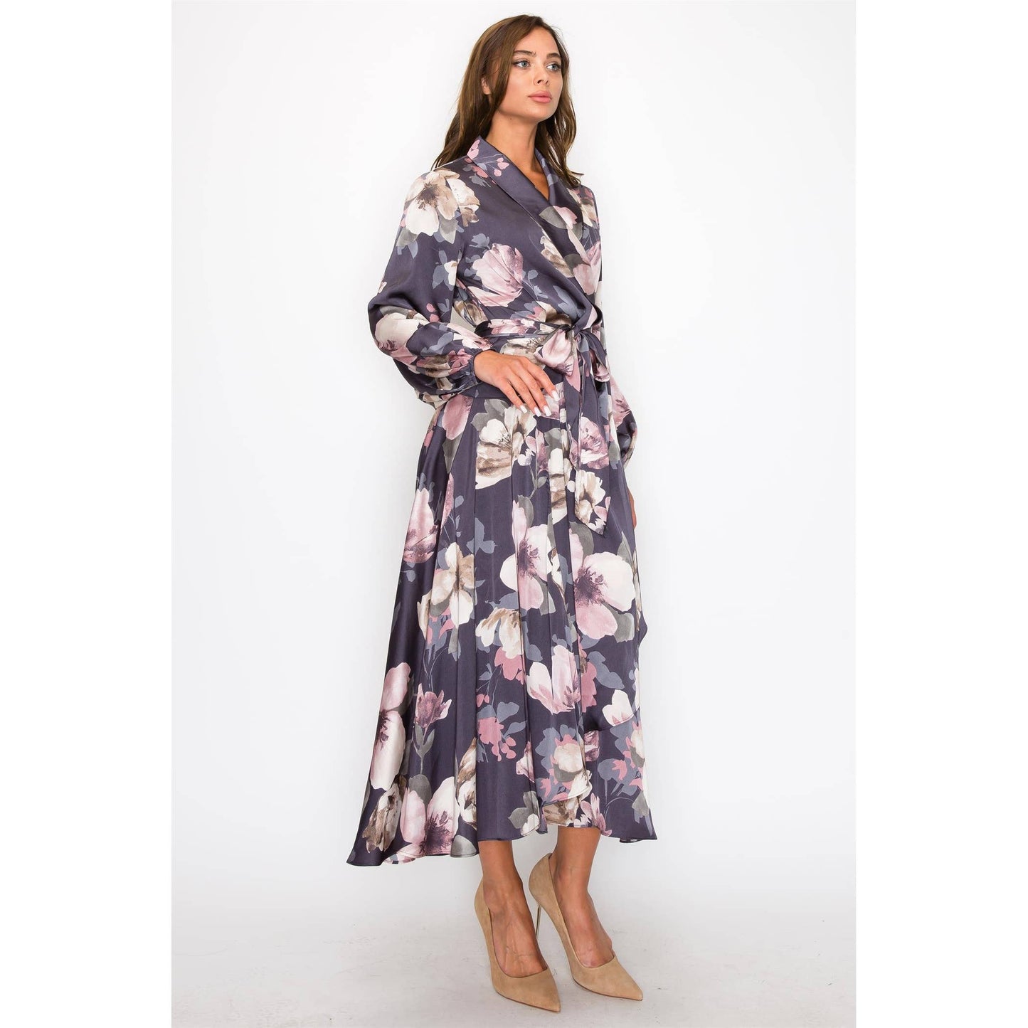 SATIN FLORAL WRAP MAXI DRESS