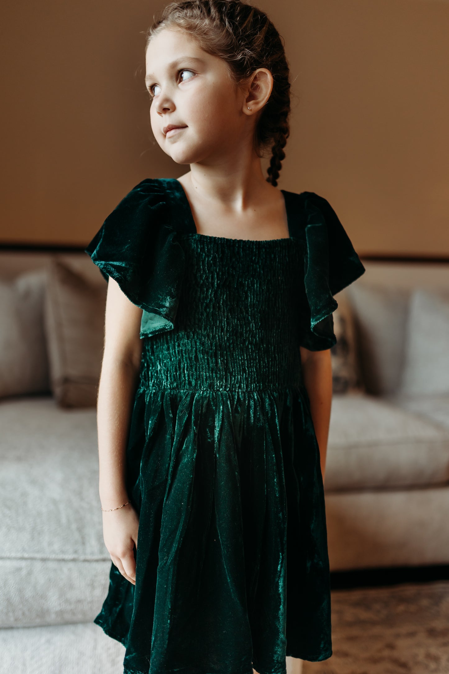 Girl's Green Velvet Smocked Dress
