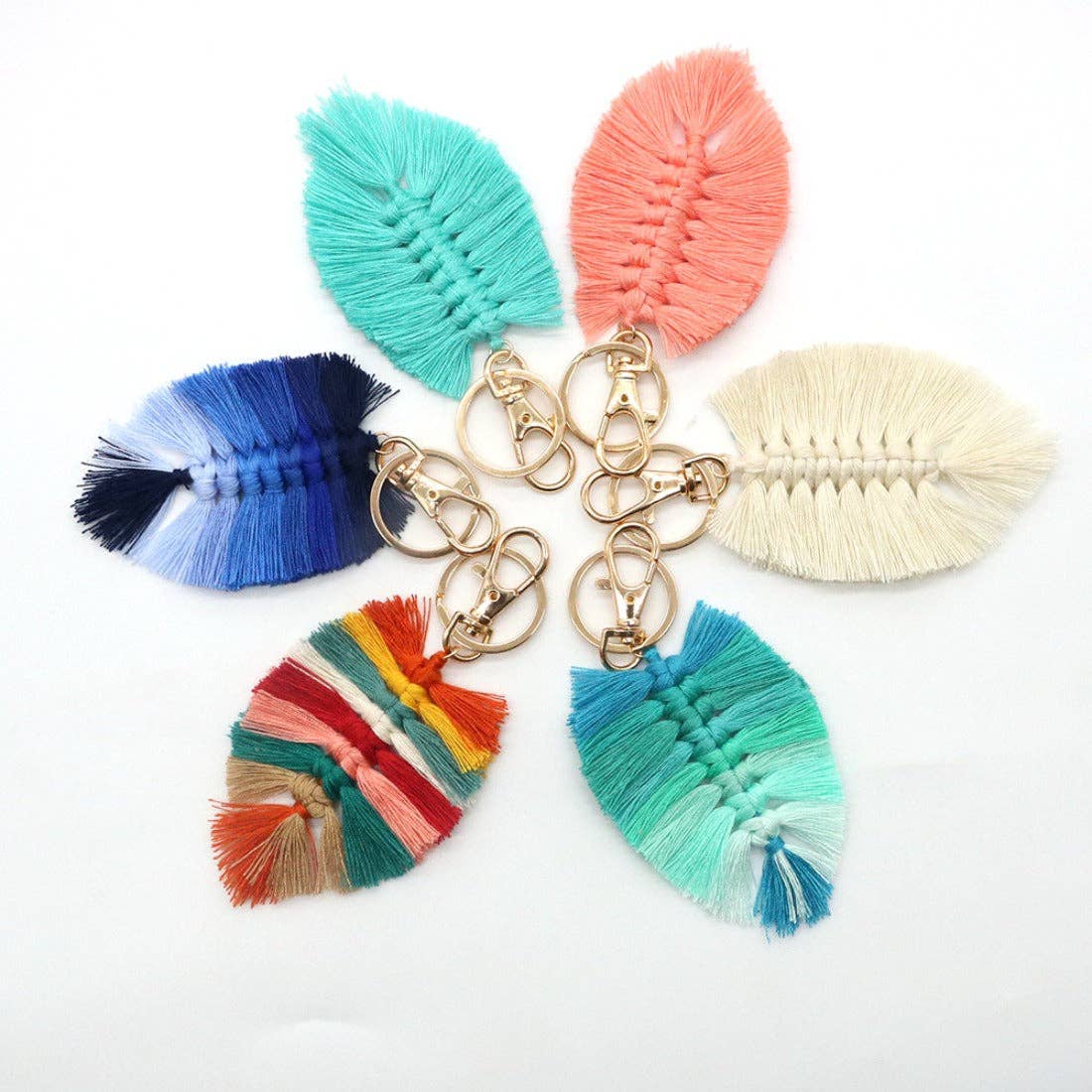 Handwoven Cotton Leaf Tassel Keychain: BEIGE