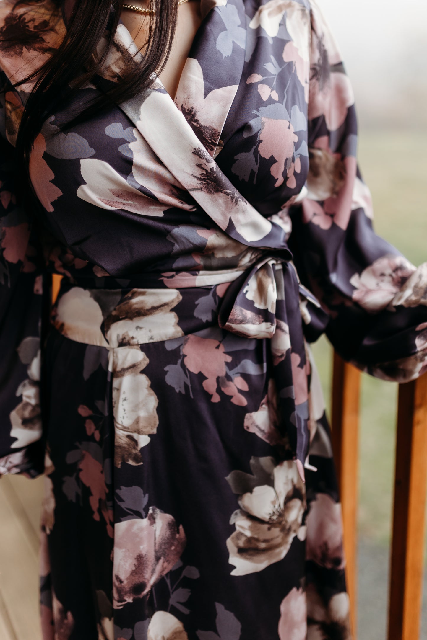 SATIN FLORAL WRAP MAXI DRESS