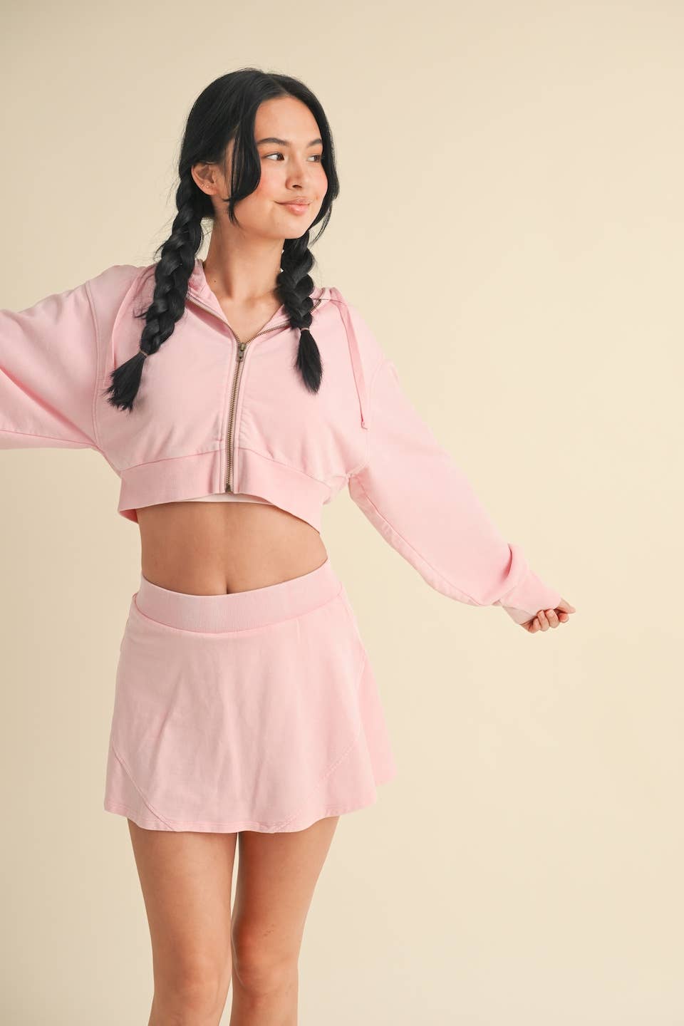 Mineral Wash Cropped Hoodie: Baby Pink