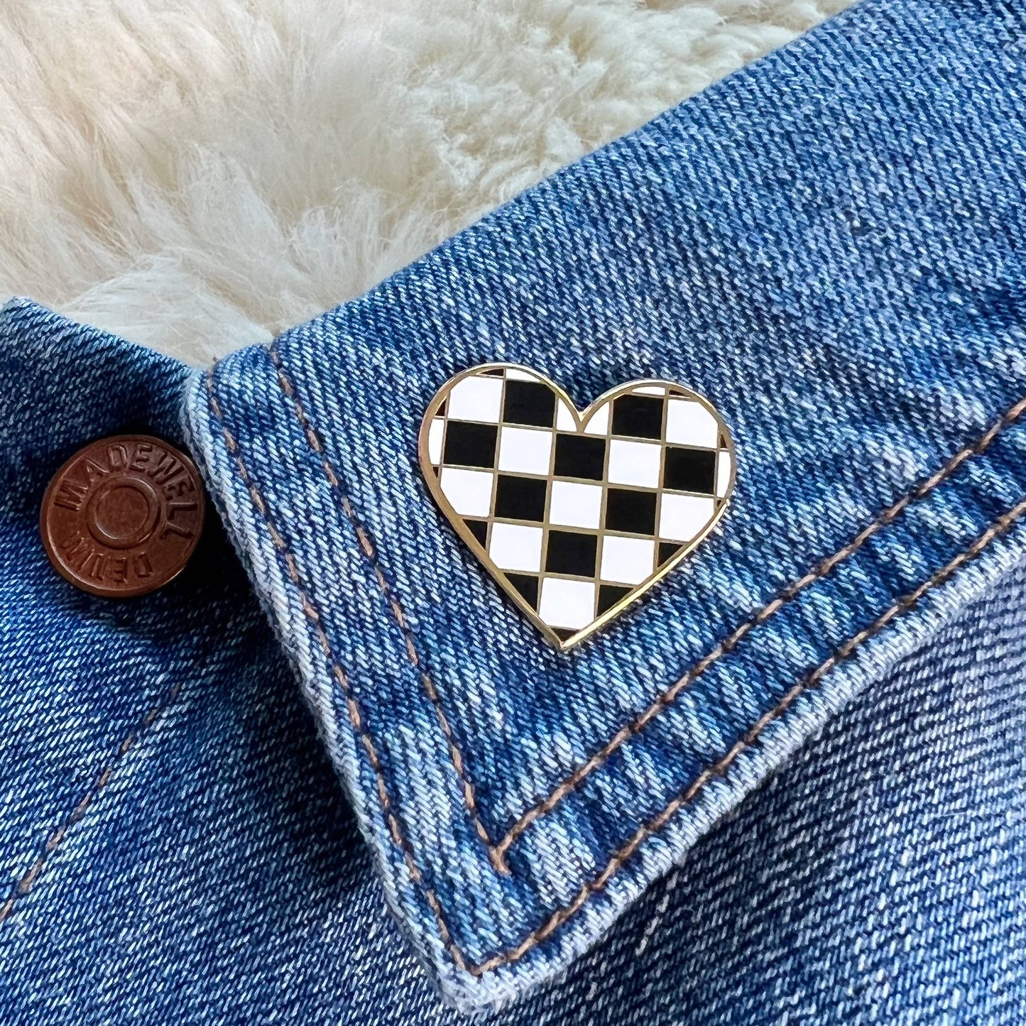 Checker Heart Enamel Pin: Black and White