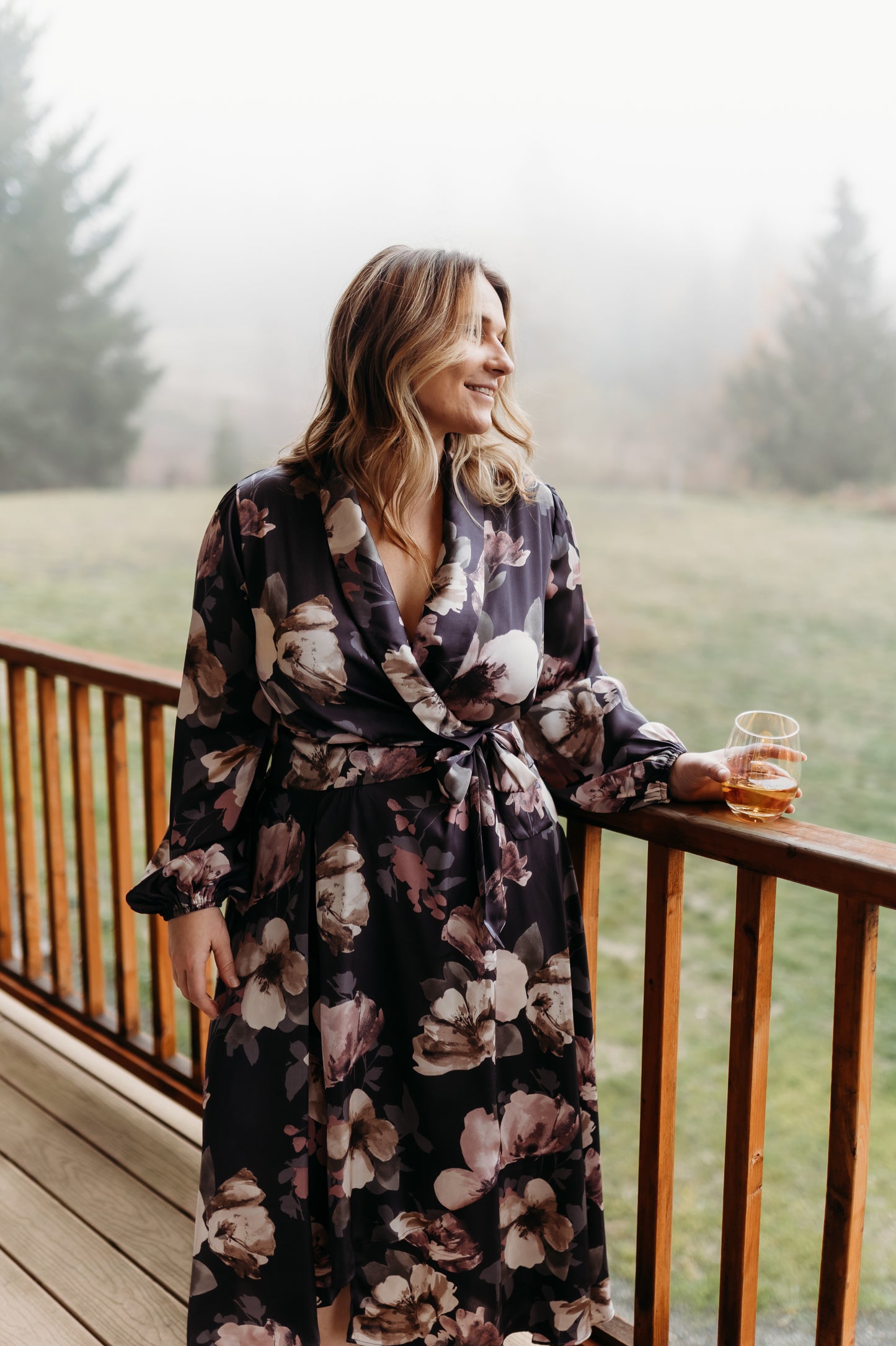 SATIN FLORAL WRAP MAXI DRESS