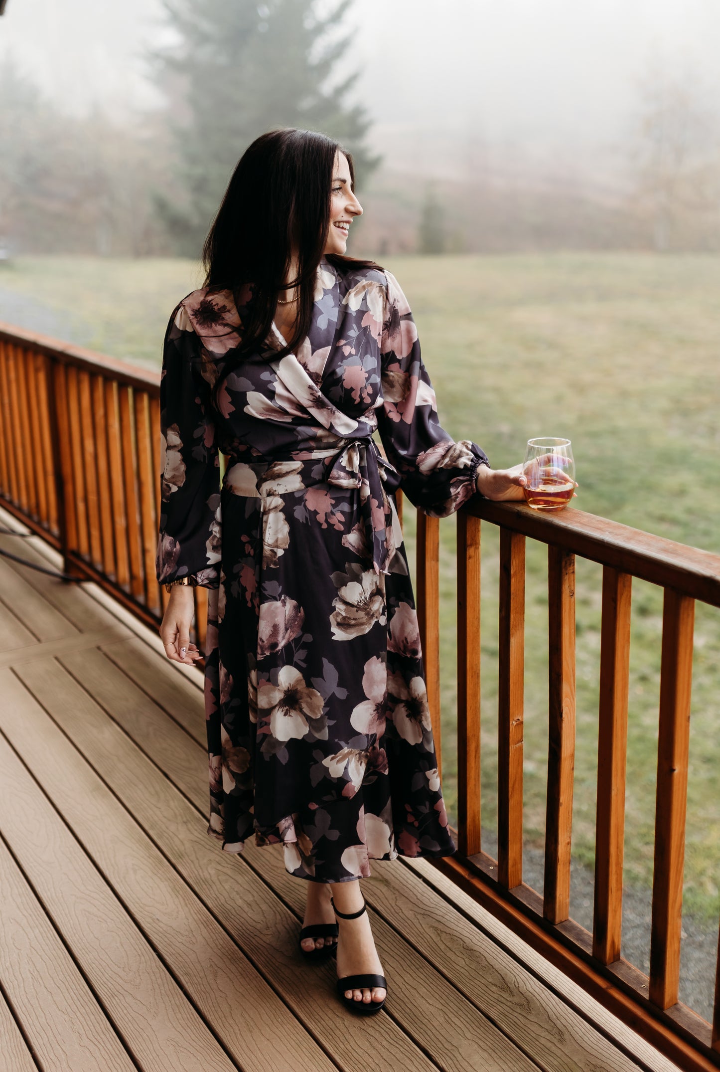 SATIN FLORAL WRAP MAXI DRESS