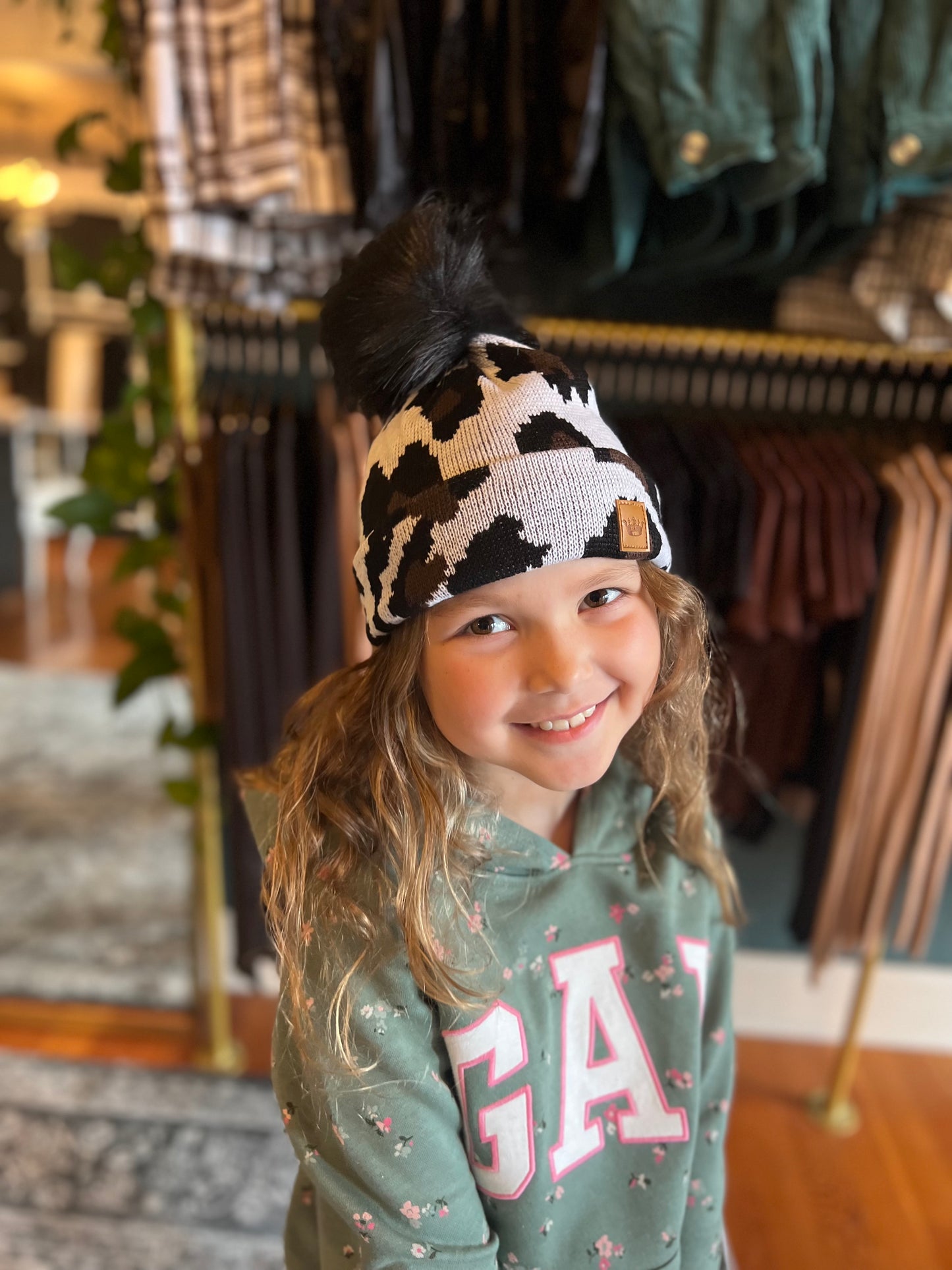 KIDS White Leopard Pom Hat