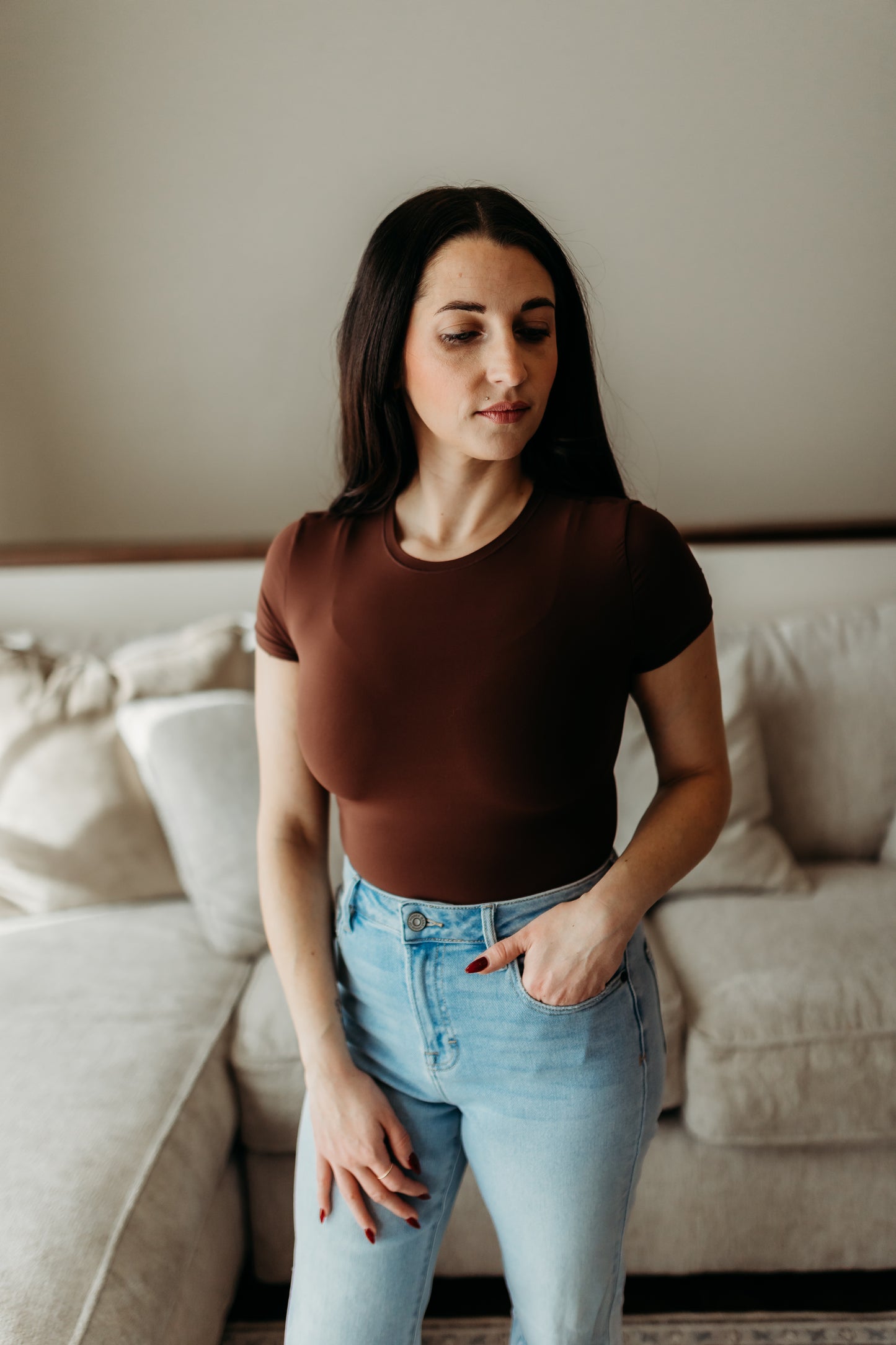 SHAPERX short Sleeve Bodysuit in Brown