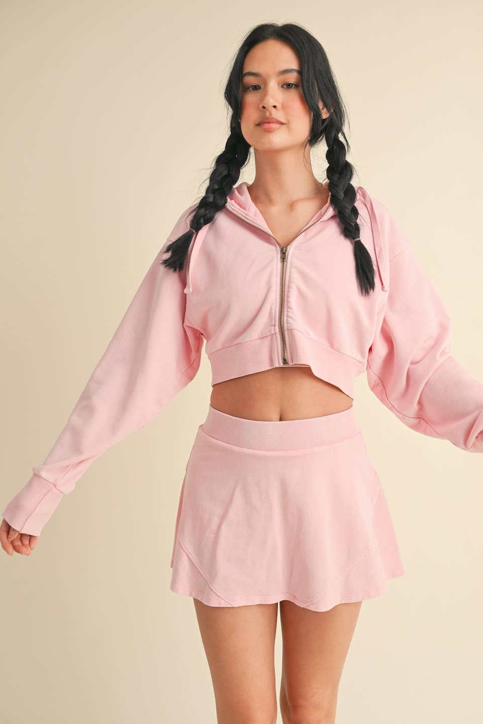 Mineral Wash Cropped Hoodie: Baby Pink