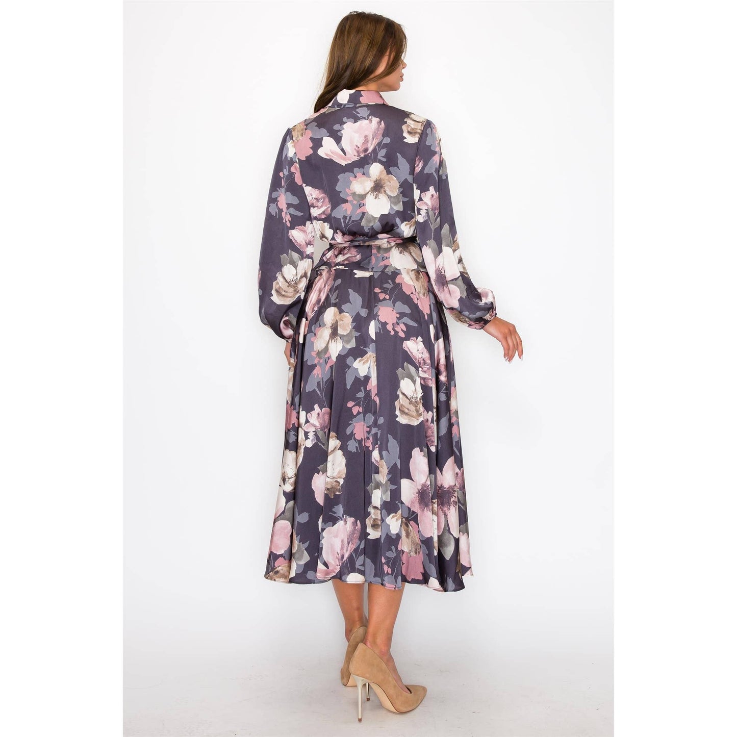 SATIN FLORAL WRAP MAXI DRESS