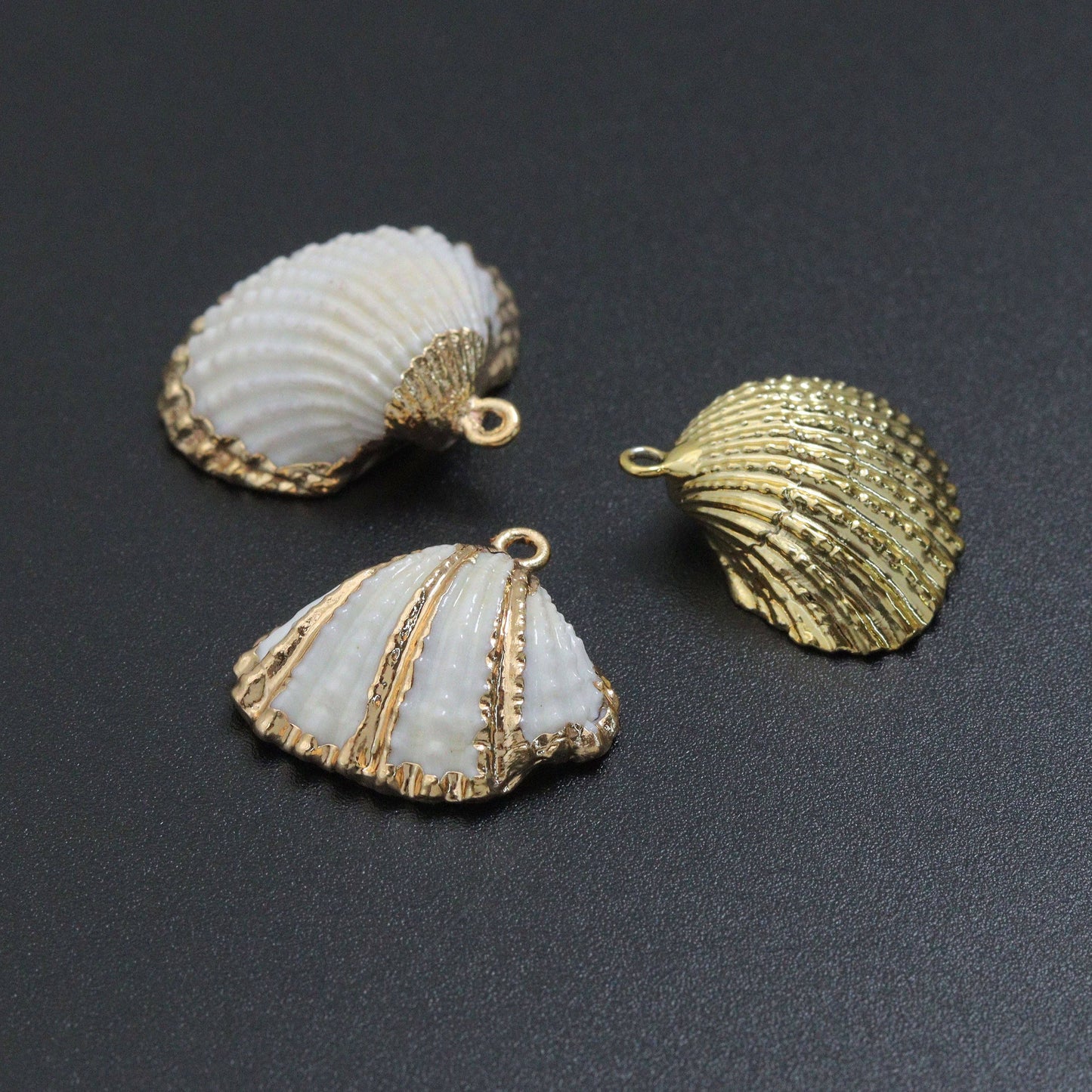 Seashell charm, white with triple gold line