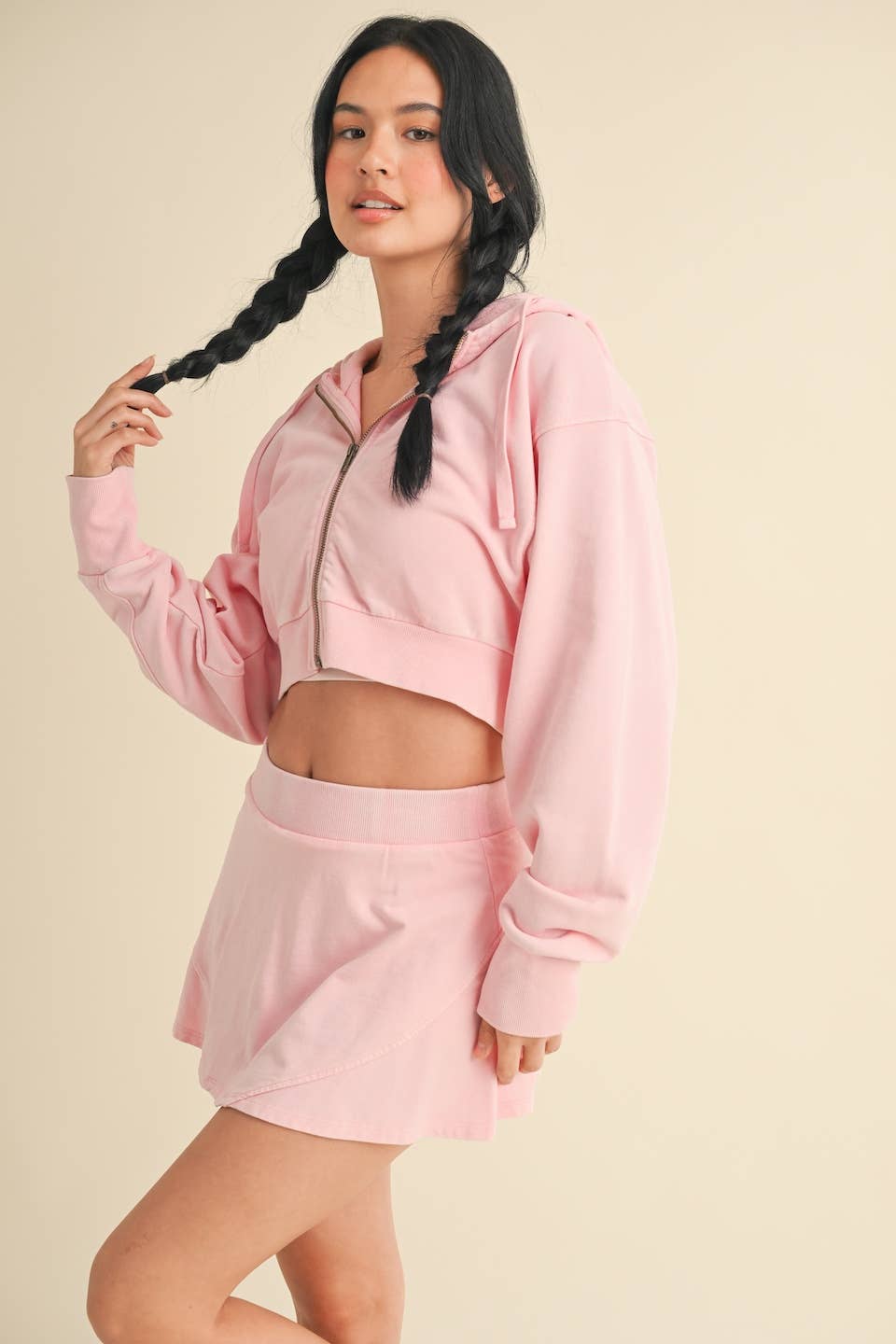 Mineral Wash Cropped Hoodie: Baby Pink