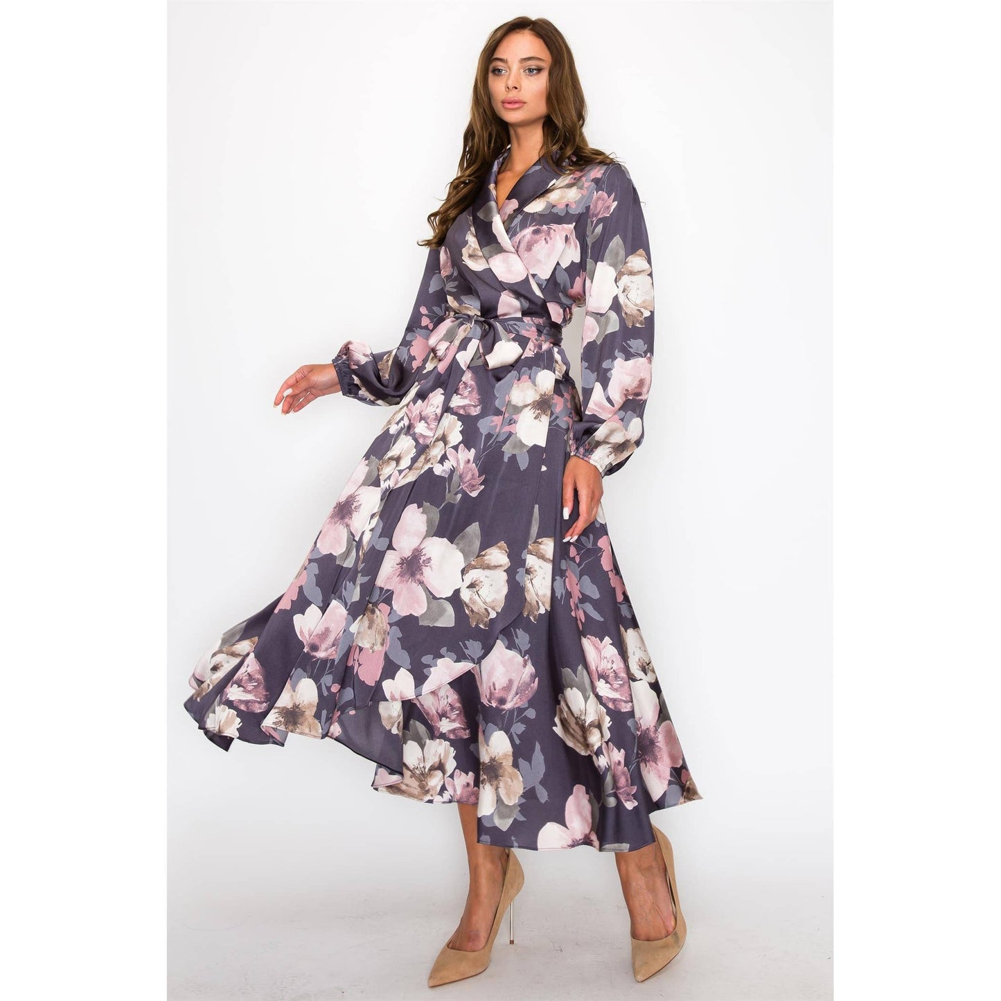 SATIN FLORAL WRAP MAXI DRESS