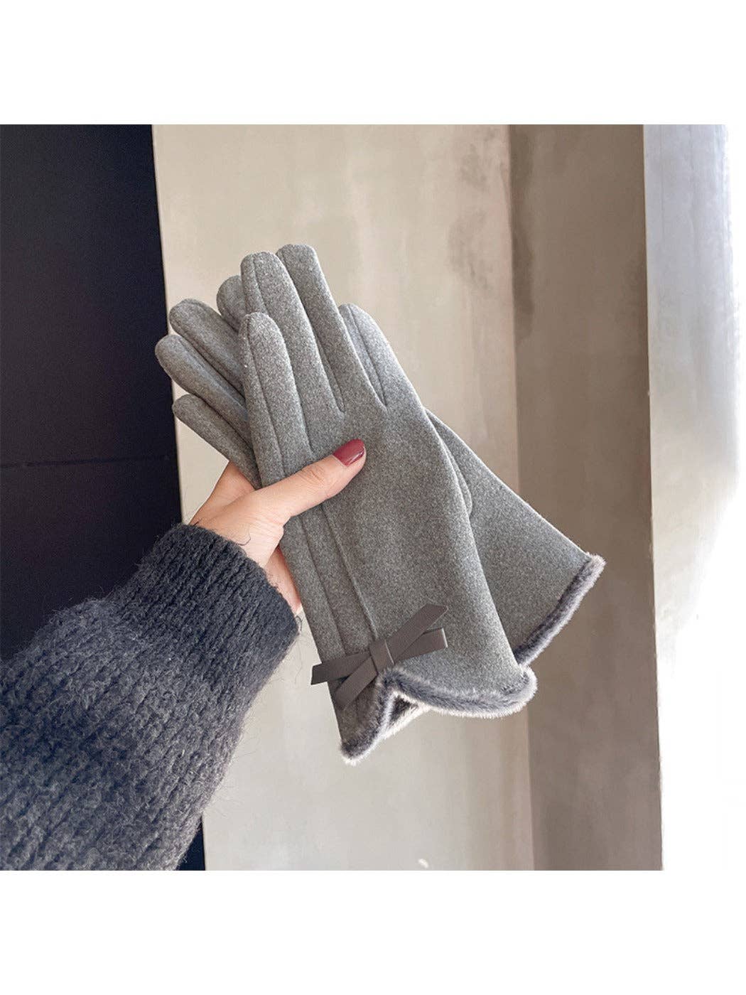Touchscreen Gloves with bow: Khaki/Grey