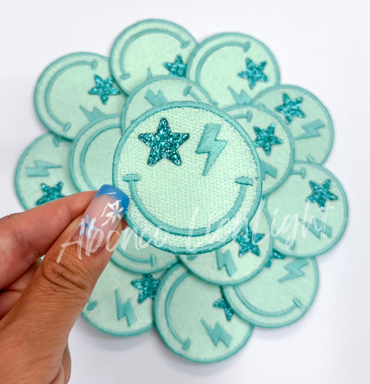 Turquoise star bolt smiley face patch