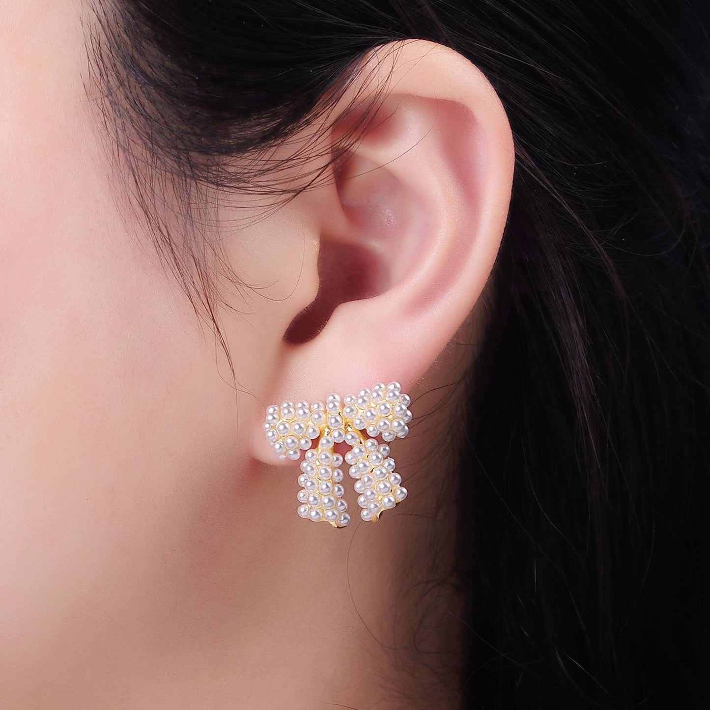 Pearl Ribbon Bow Stud Earrings: Gold