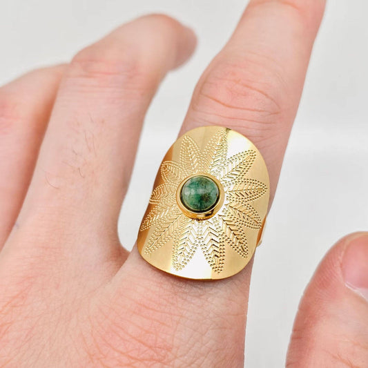 18K Natural Stone Ring- Embossed Leaf