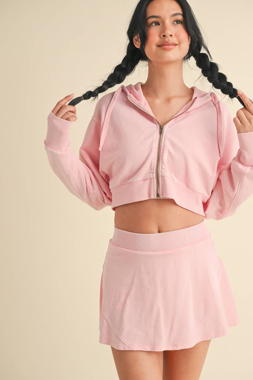 Mineral Wash Cropped Hoodie: Baby Pink