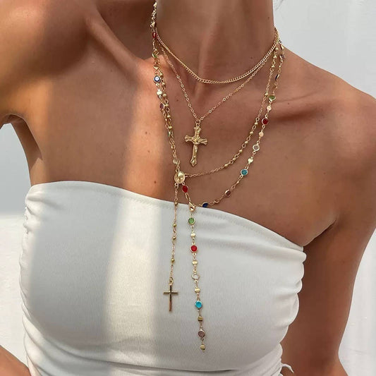 CROSS LARIAT LAYERED NECKLACE