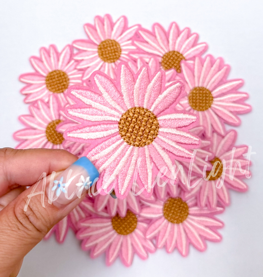 Pink daisy flower embroidery patch