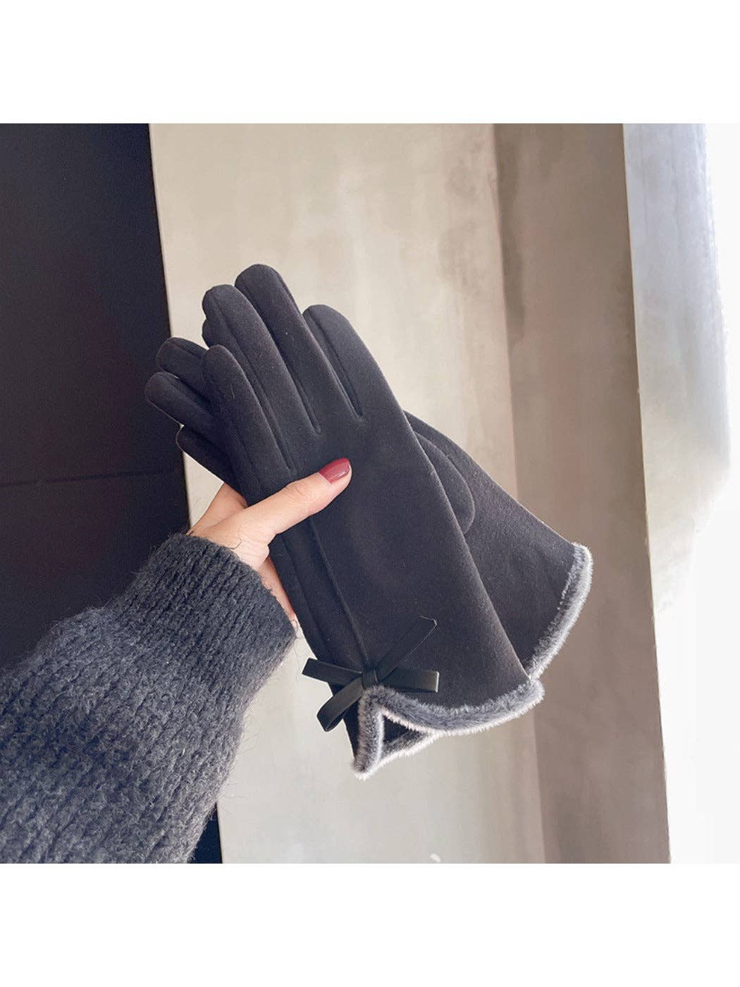 Touchscreen Gloves with bow: Khaki/Grey