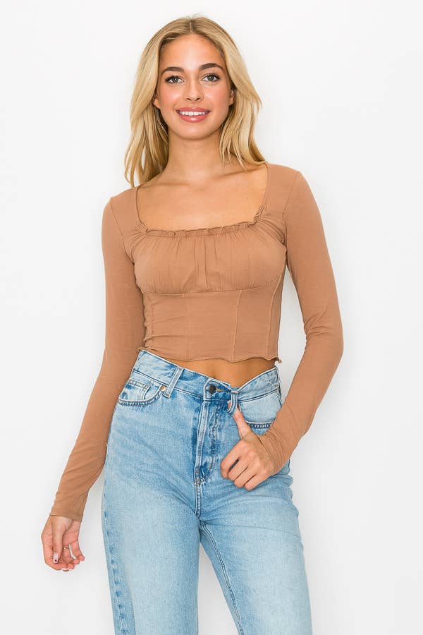 SHIRRING CROP TOP- Mocha