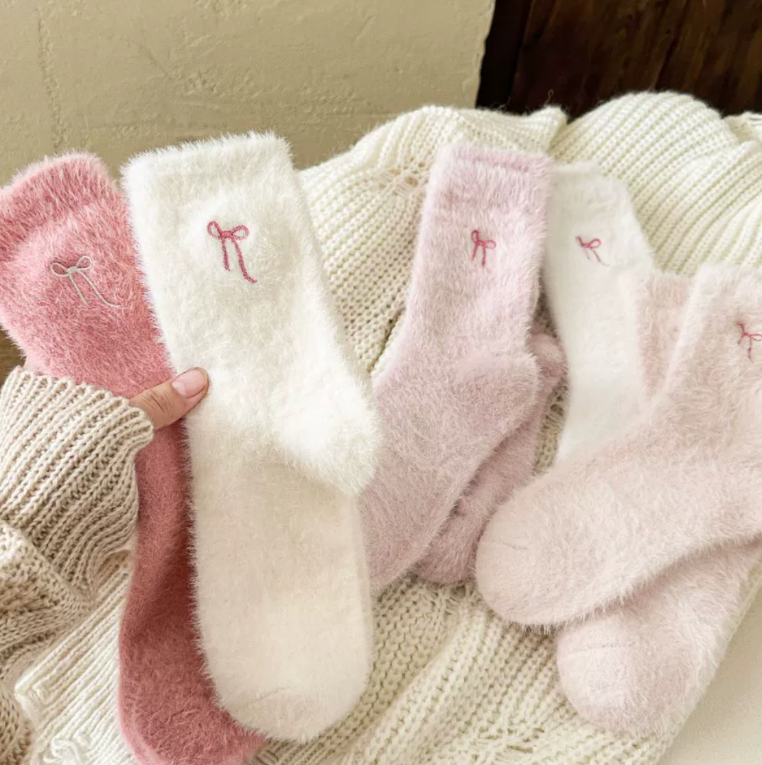 Soft Winter Fuzzy Bow Socks
