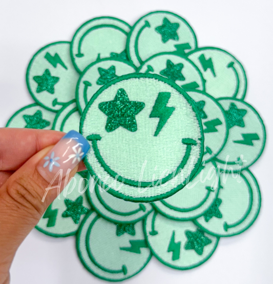Green star bolt smiley face patch
