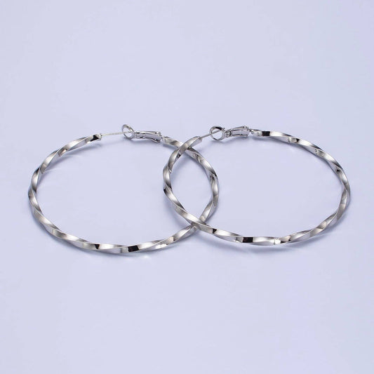 Gold Filled Twist Geometric Hoops- Silver 50mm