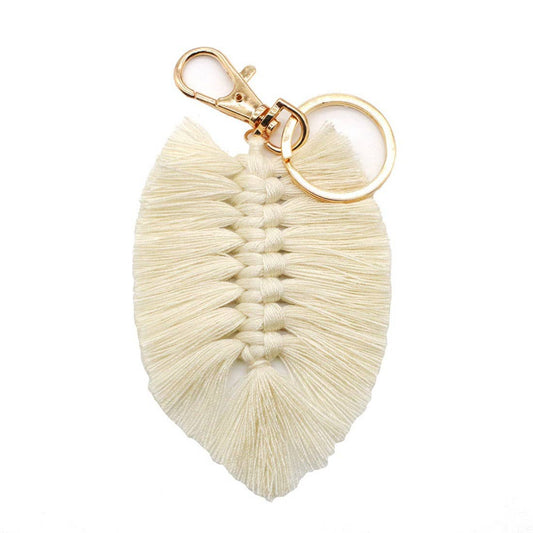 Handwoven Cotton Leaf Tassel Keychain: BEIGE
