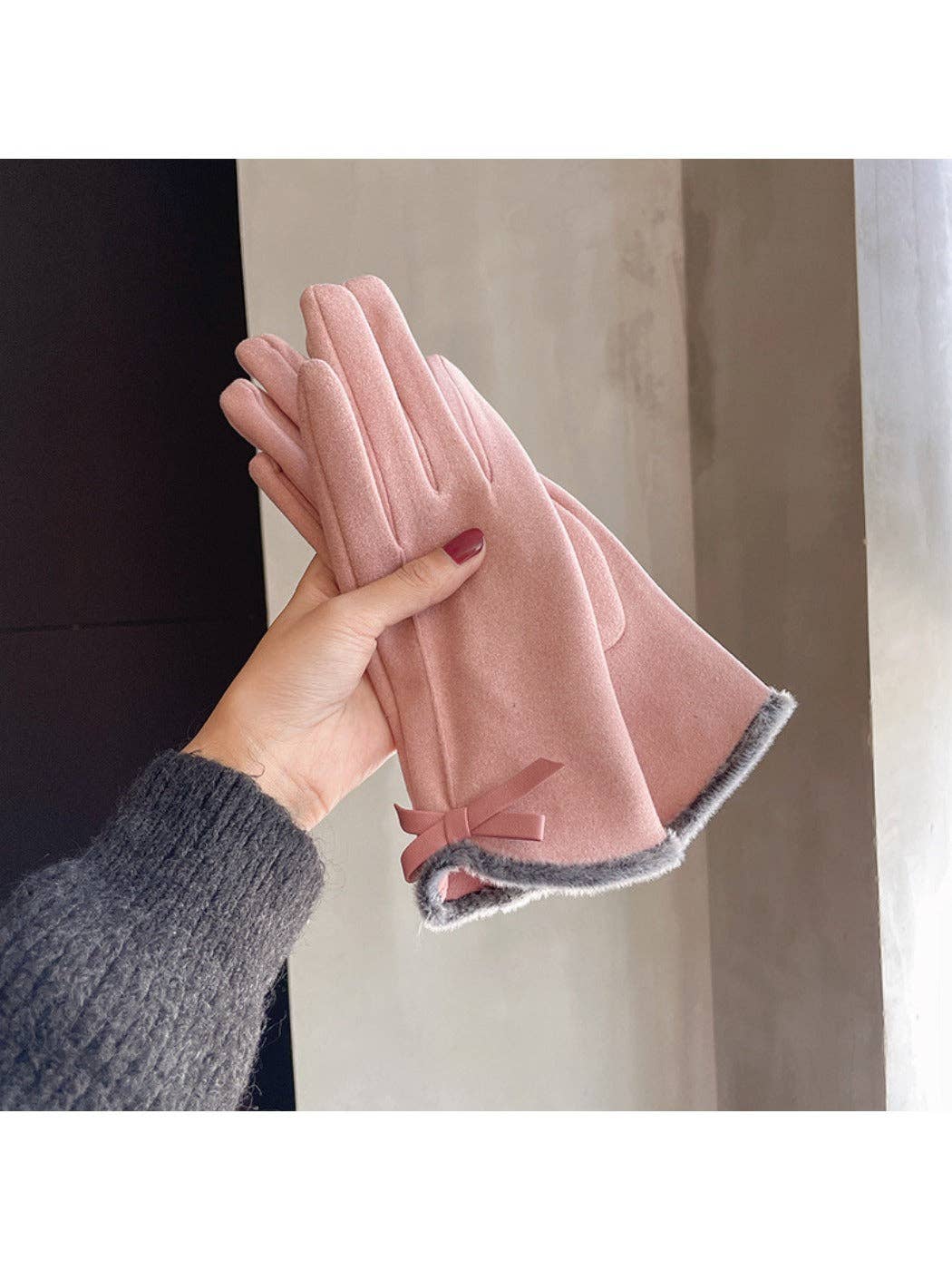 Touchscreen Gloves with bow: Khaki/Grey