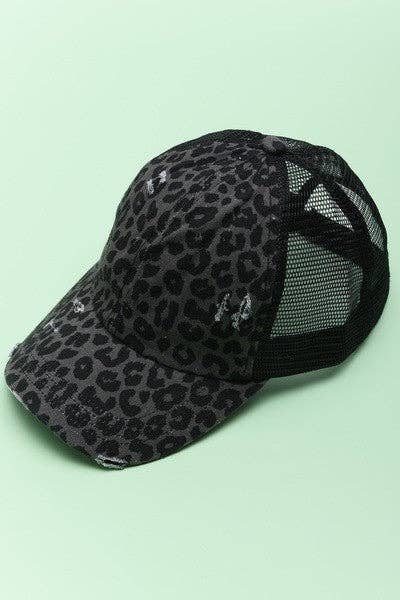 PREMIUM DISTRESS BASEBALL CAP LEOPARD BLACK