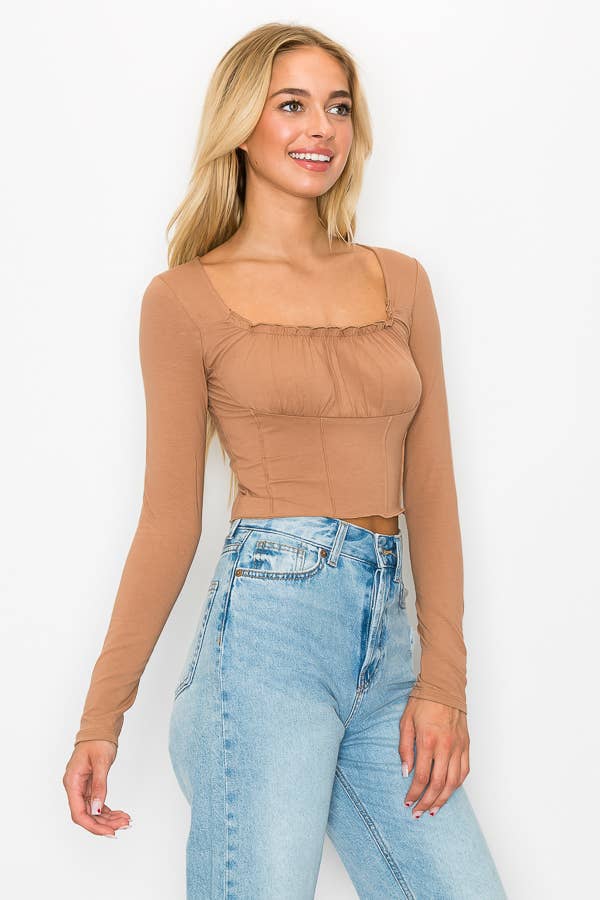 SHIRRING CROP TOP- Mocha