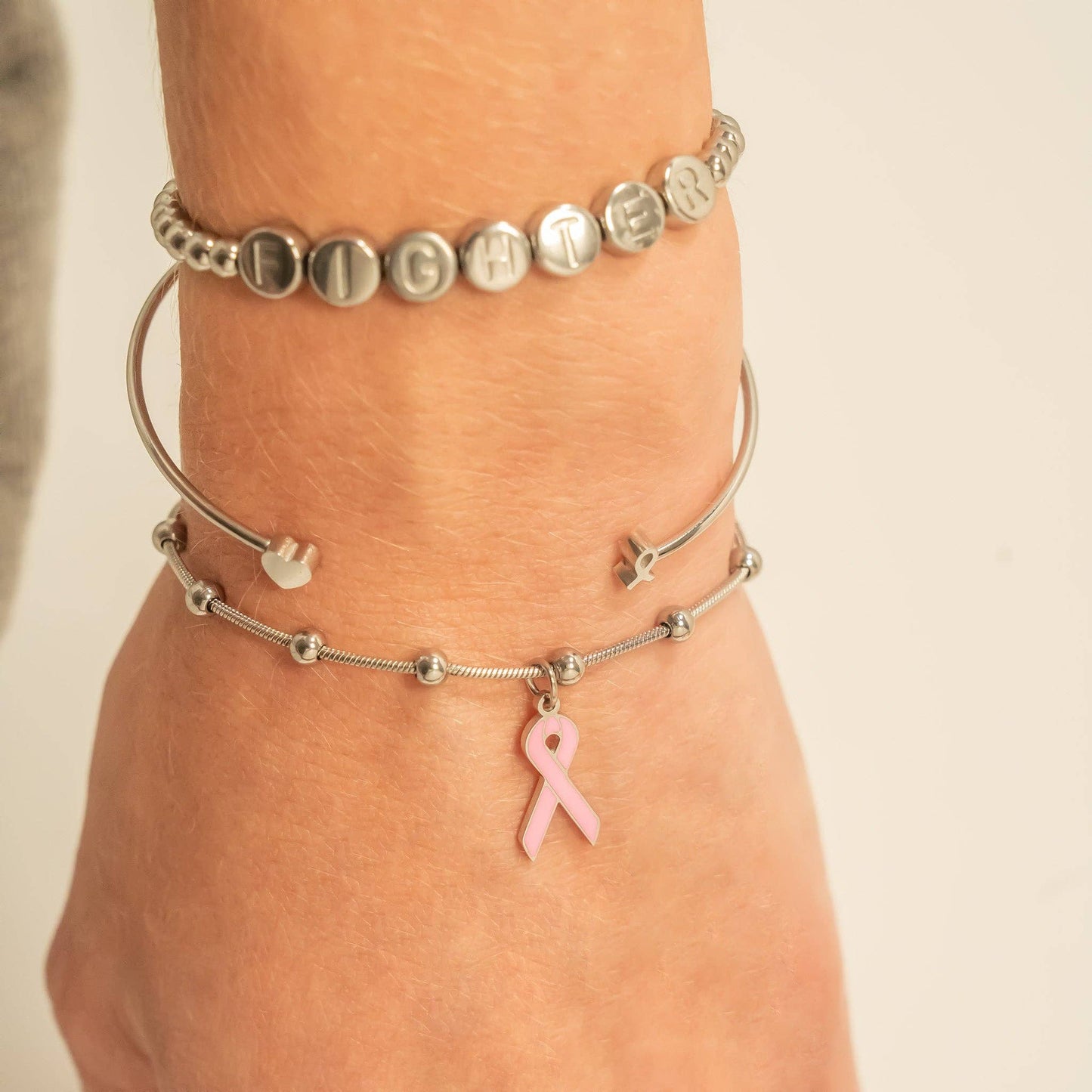 Breast Cancer Pink Ribbon Charm: Stainless