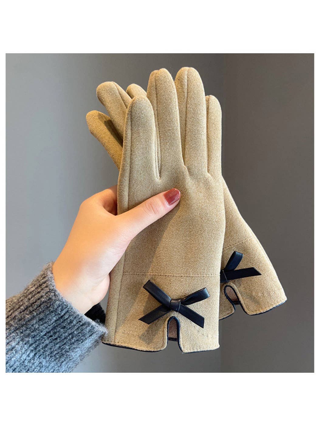 Touchscreen Gloves with bow: Khaki/Grey