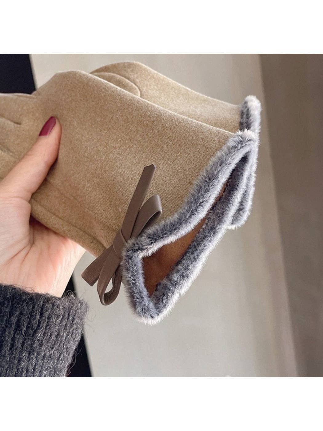 Touchscreen Gloves with bow: Khaki/Grey