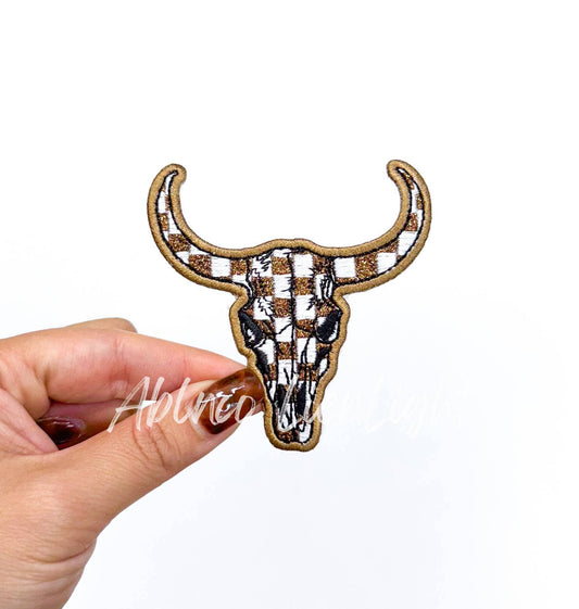 Brown Checkered Bull Skull Patch