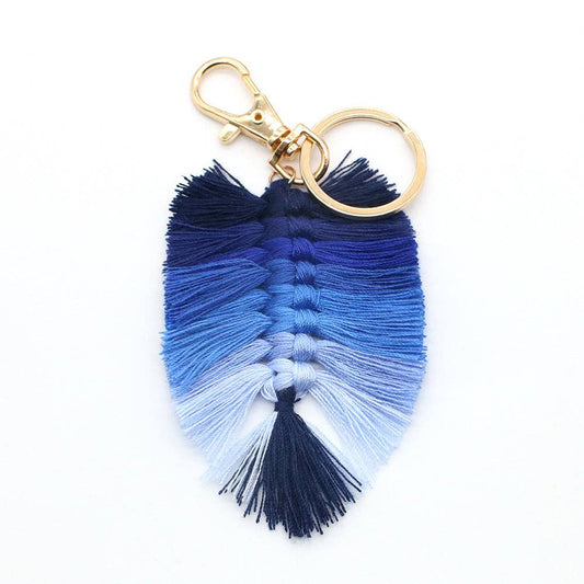 Handwoven Cotton Leaf Tassel Keychain: BLUE