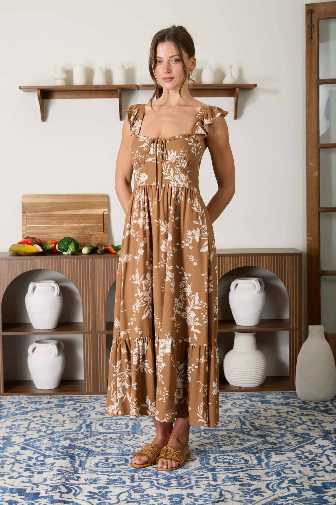 MOCHA FLORAL CORSET MIDI DRESS