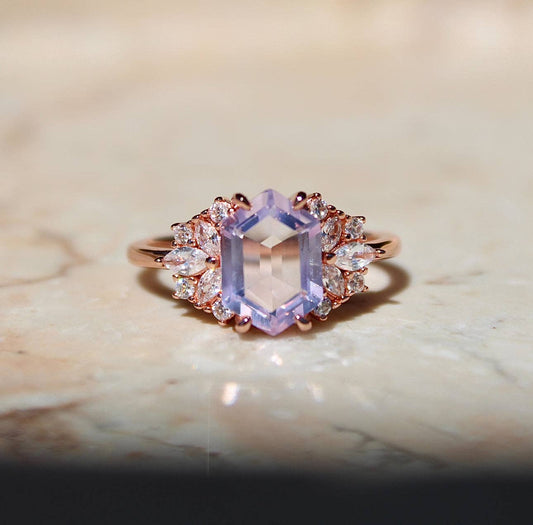 Lavender Quartz Hexagon Ring- Rose Gold Vermeil