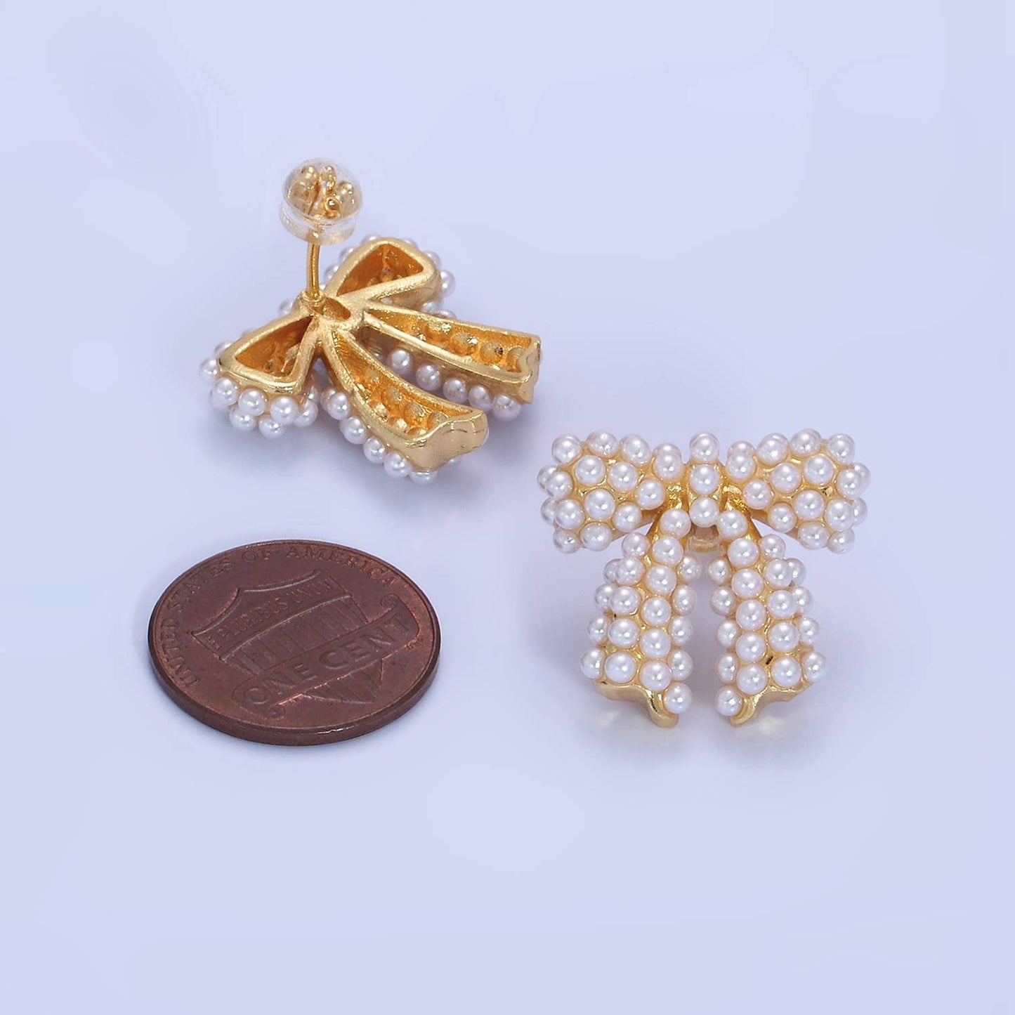 Pearl Ribbon Bow Stud Earrings: Gold