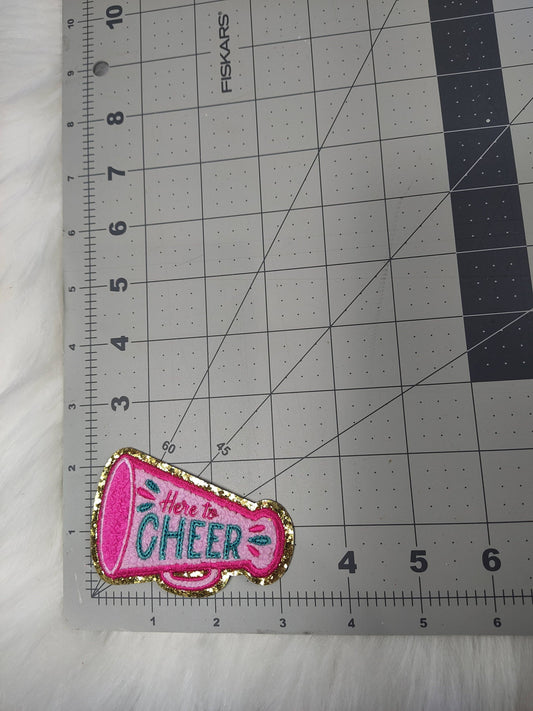 'Here to Cheer' Megaphone Pink Iron On Patch With Gold Glitter: Small Pink and Teal