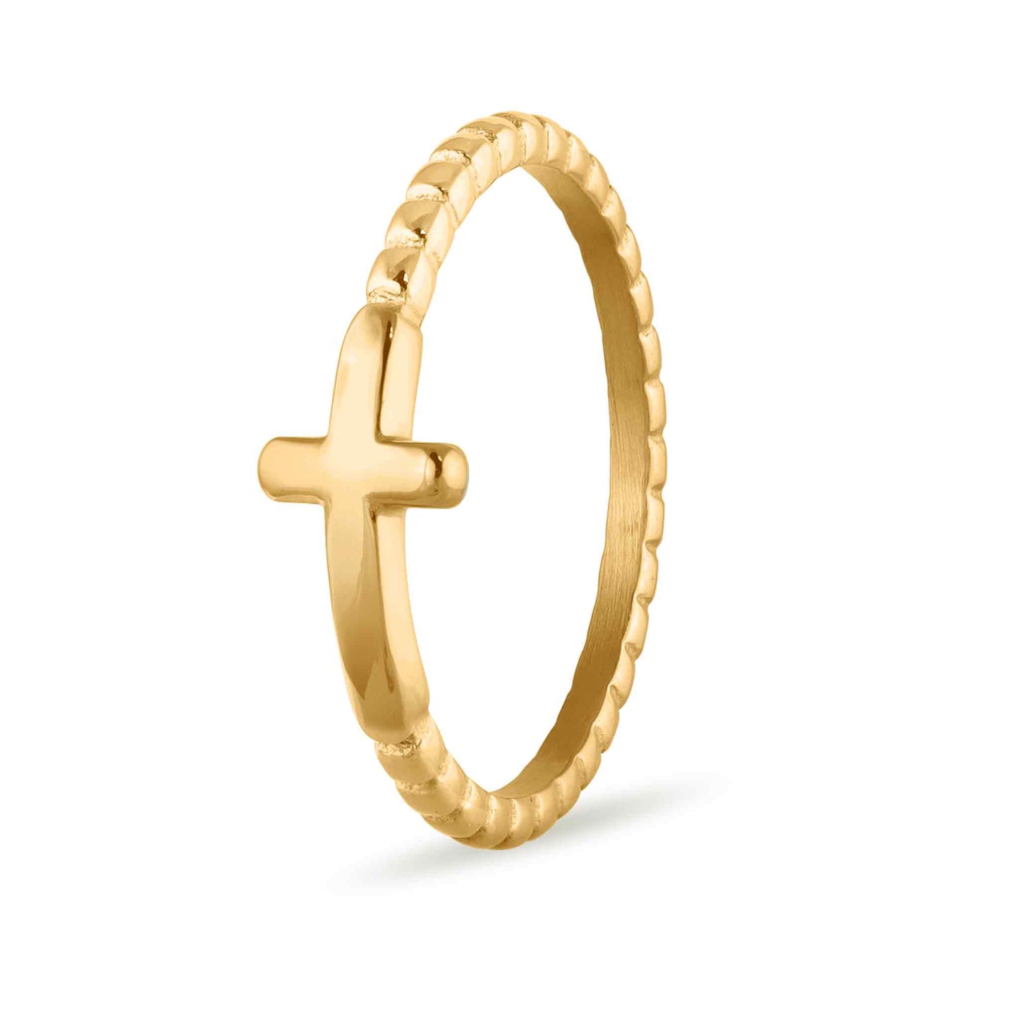 Gold Beaded Stackable Cross Ring