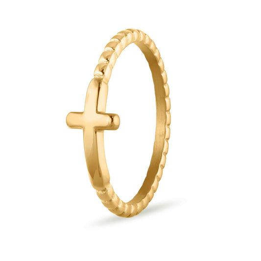 Gold Beaded Stackable Cross Ring