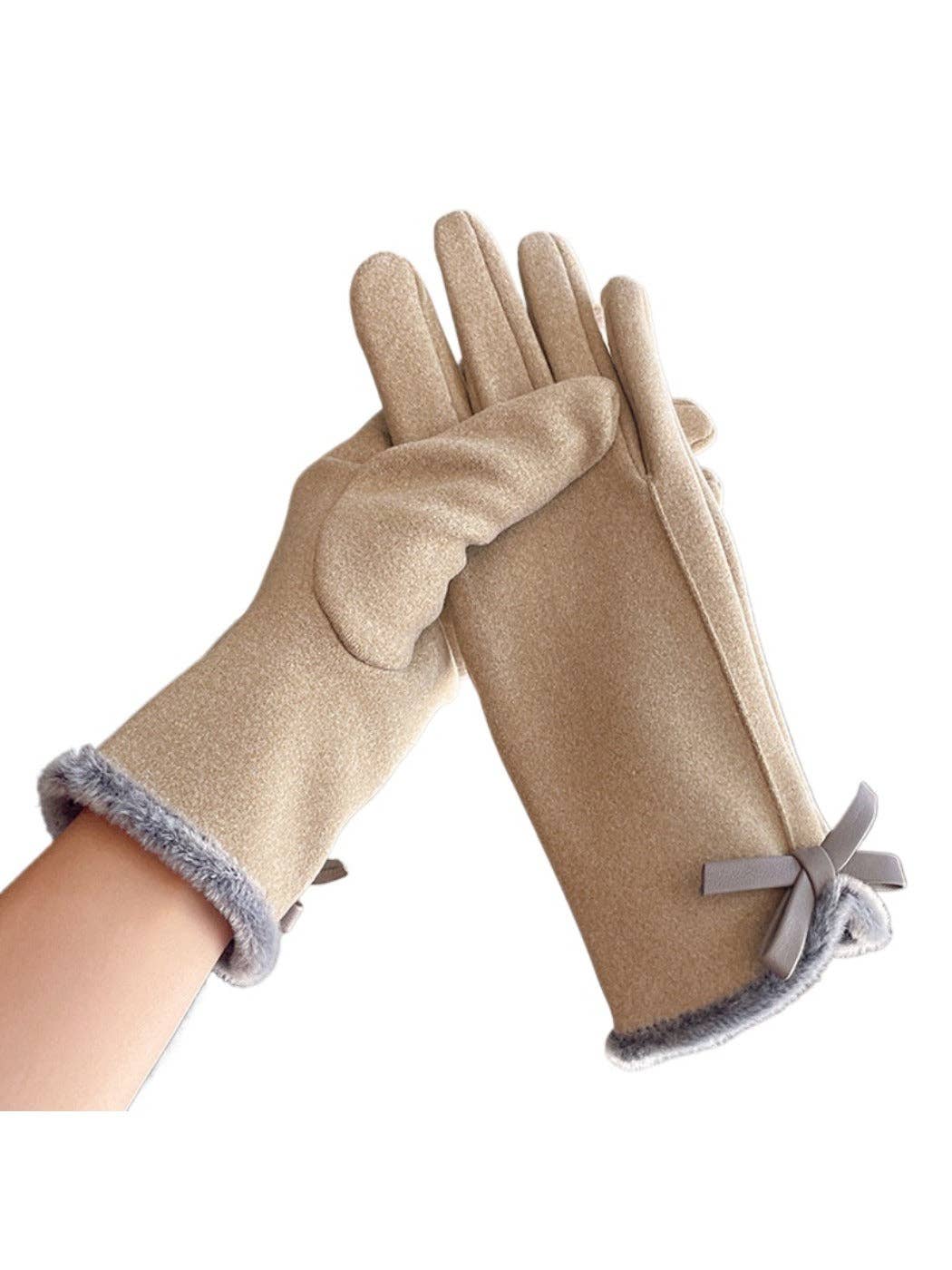 Touchscreen Gloves with bow: Khaki/Grey
