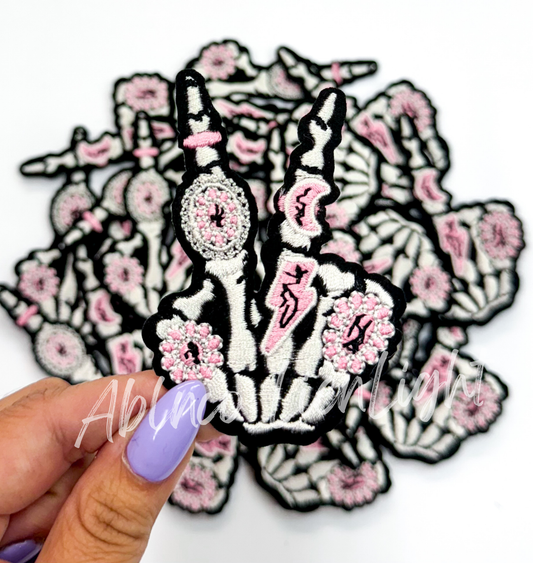 3” pink  jewelry skeleton hand patch