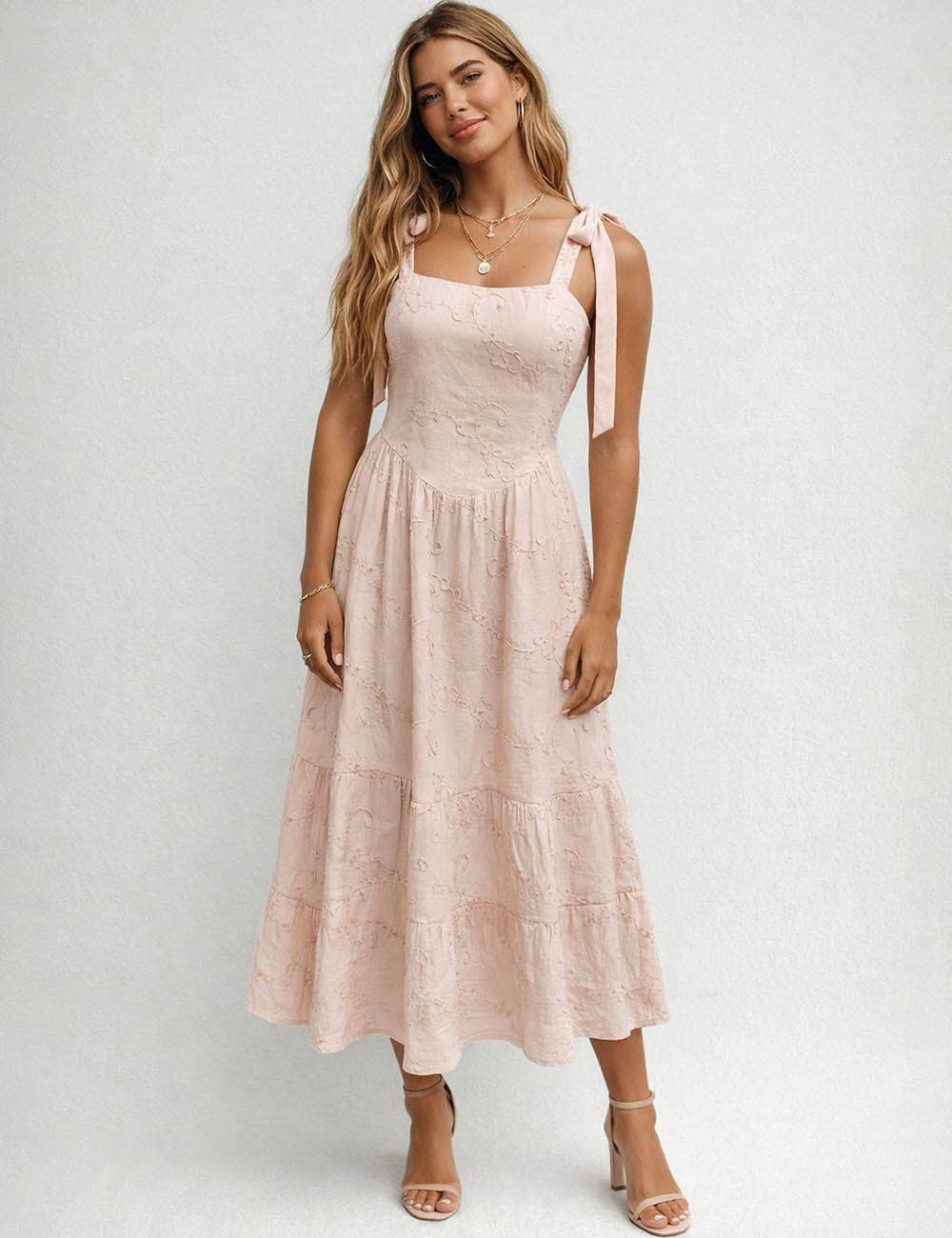 Embroidered Blush Midi Dress