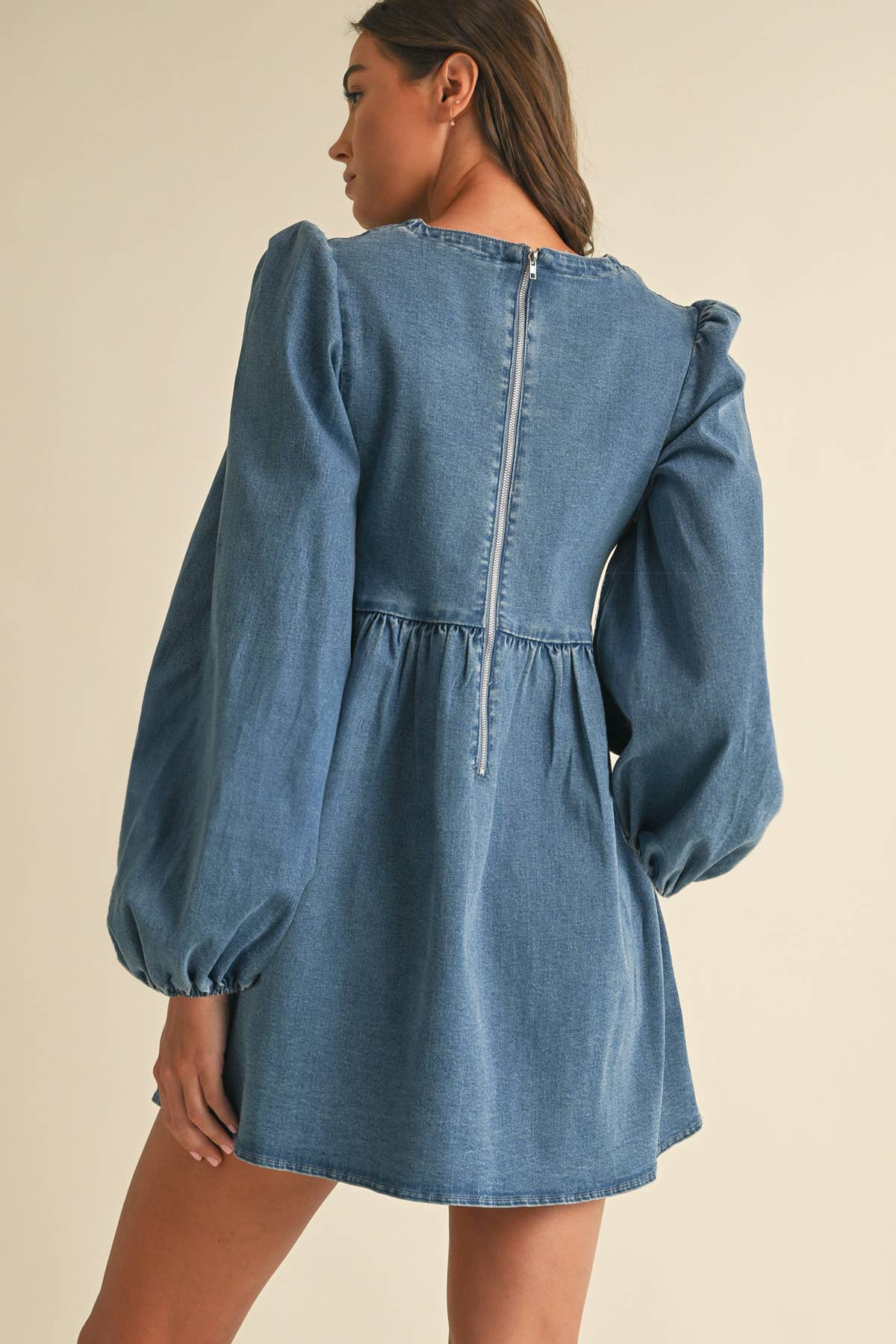 bell sleeve denim dress ASOS LUXE Curve denim long sleeve baby doll mini dress with bow back in blue