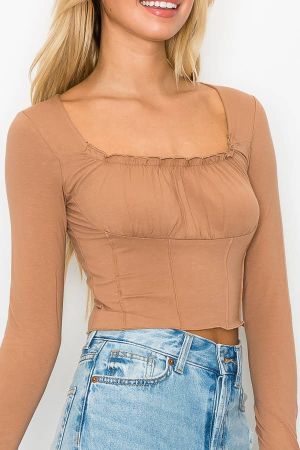 SHIRRING CROP TOP- Mocha